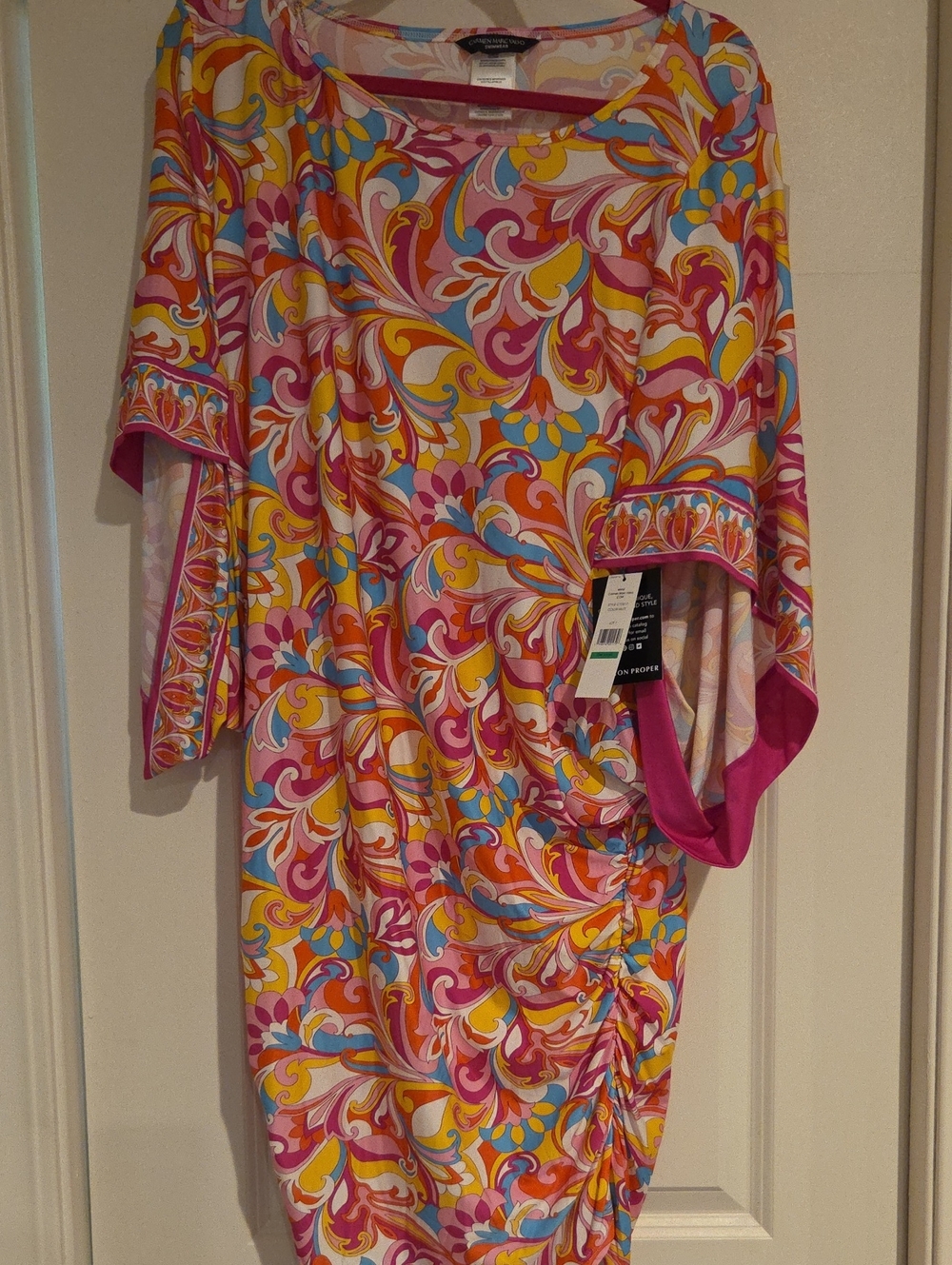 Carmen Marc Valvo Pink Yellow Blue Swirl Kaftan Coverup